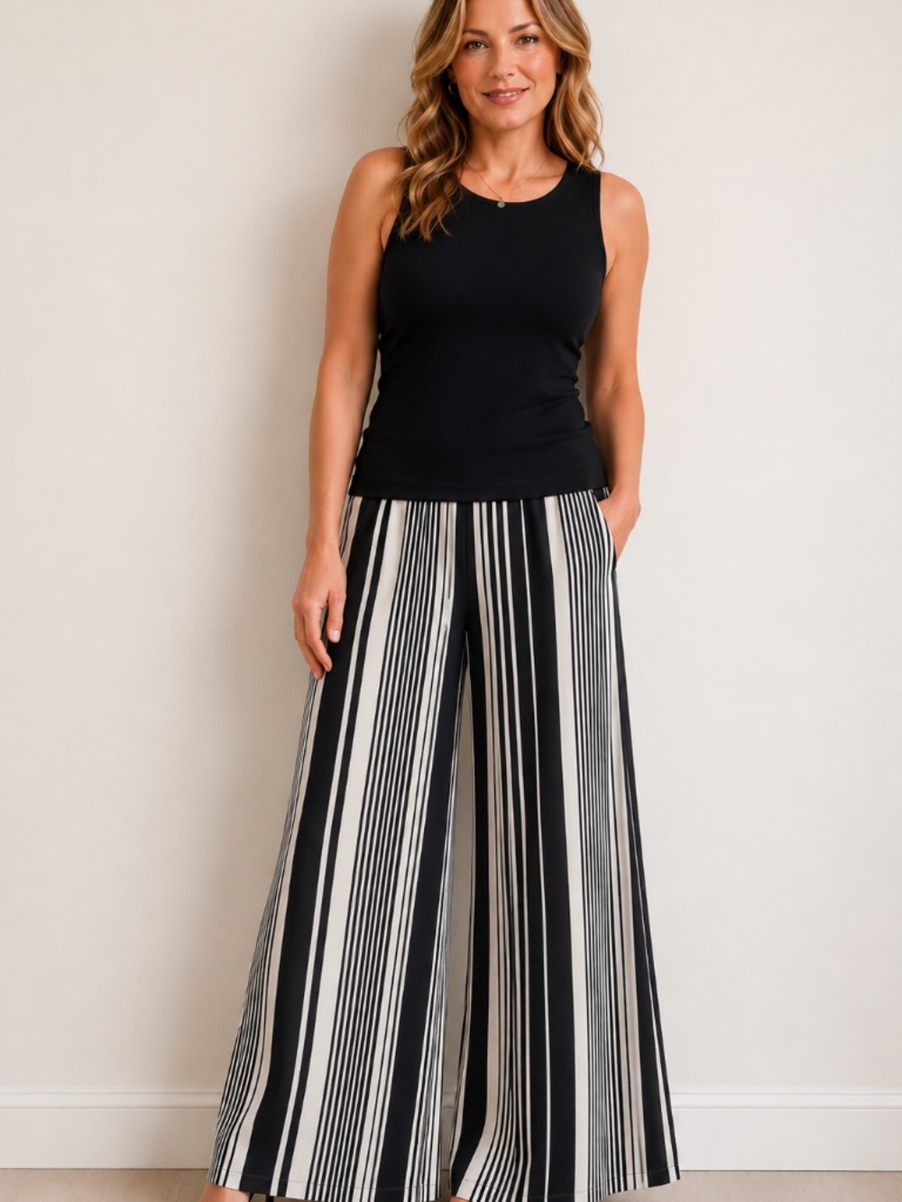 Robin striped palazzo wide leg pants L stretch pull on boho resort work office